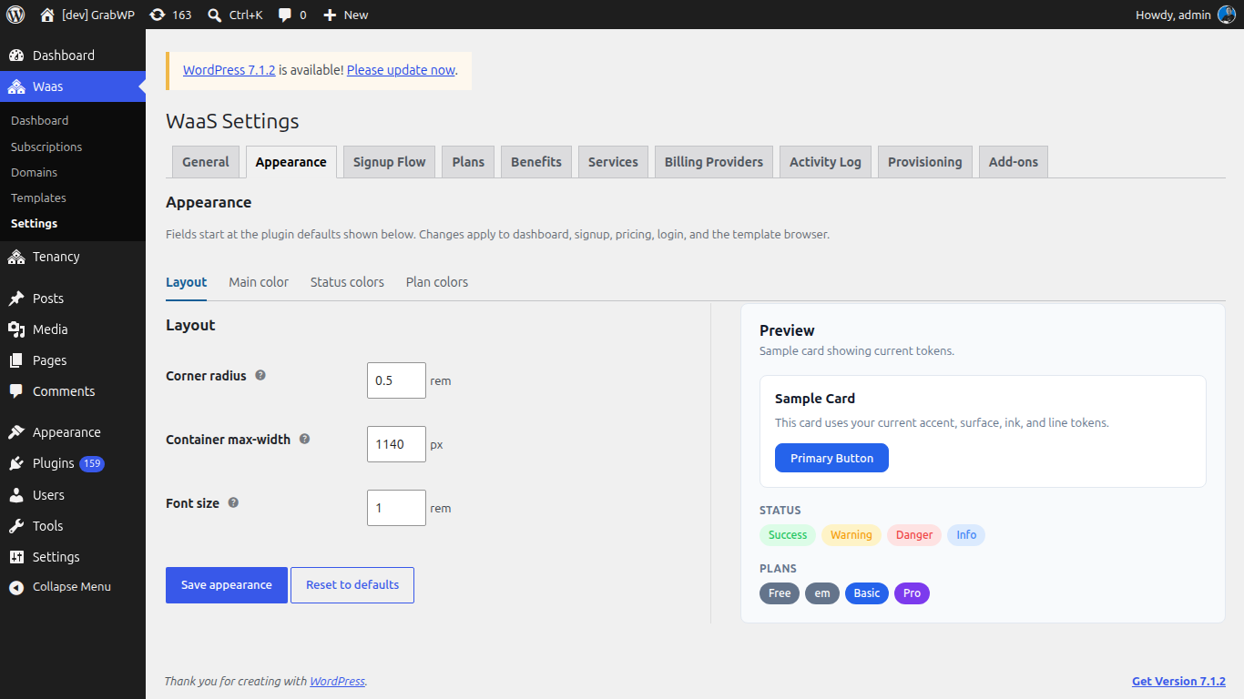 Appearance Layout sub-tab with the live preview