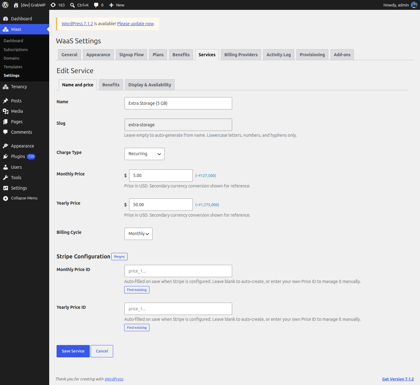 Edit Service with recurring prices