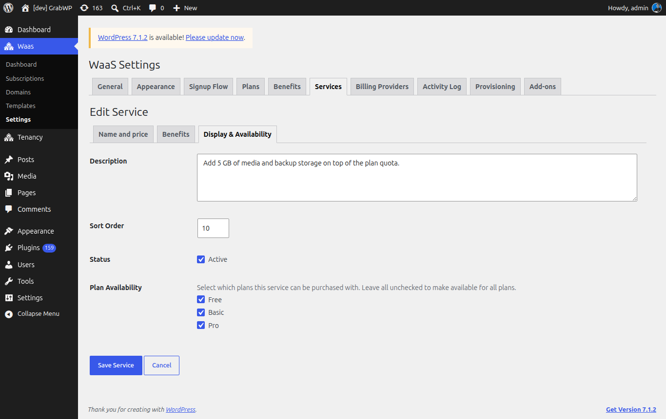 Edit Service display settings