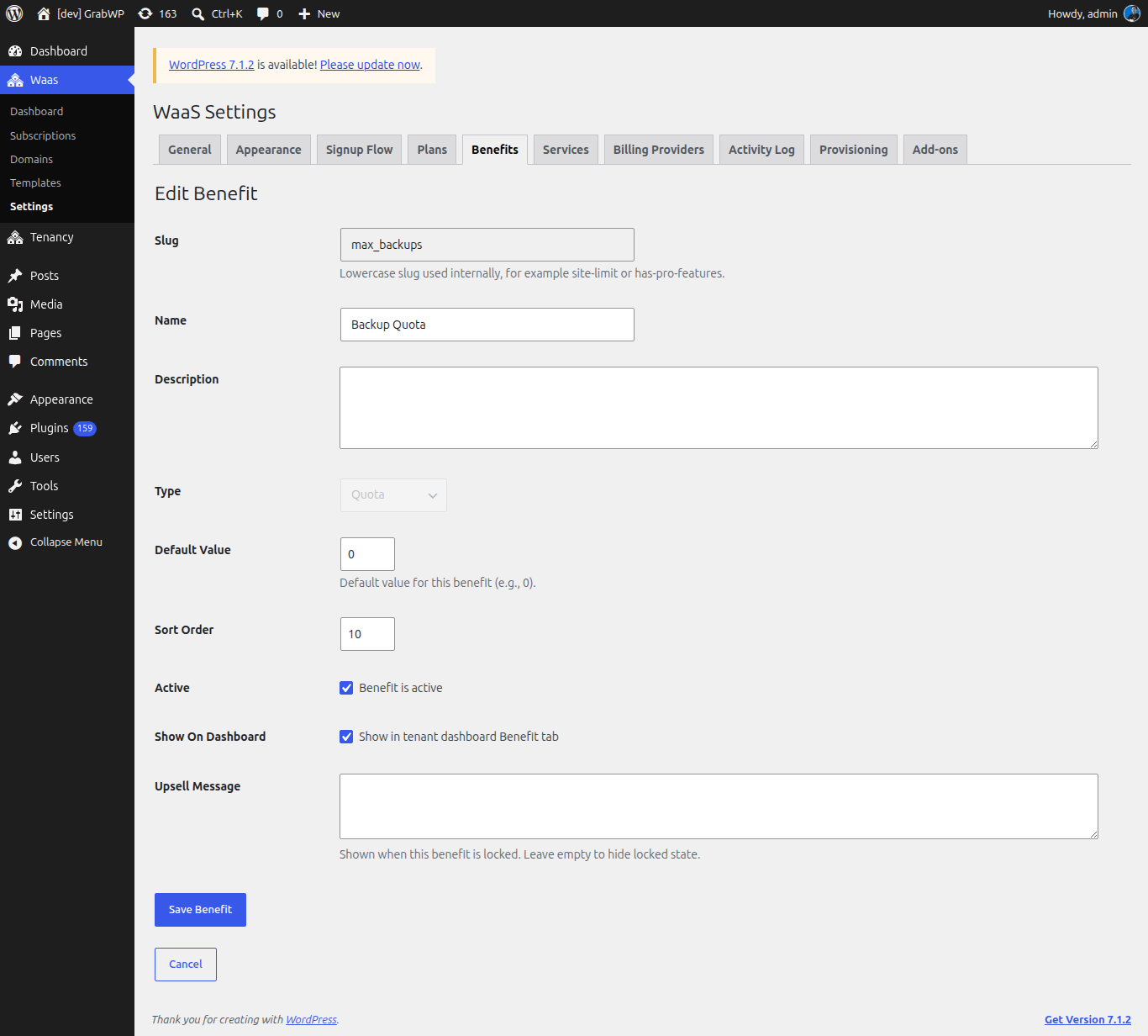 Edit Benefit form