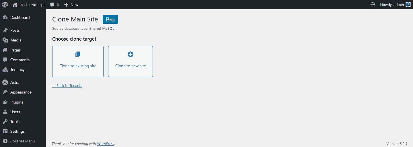 Clone — choose source site from the tenant list