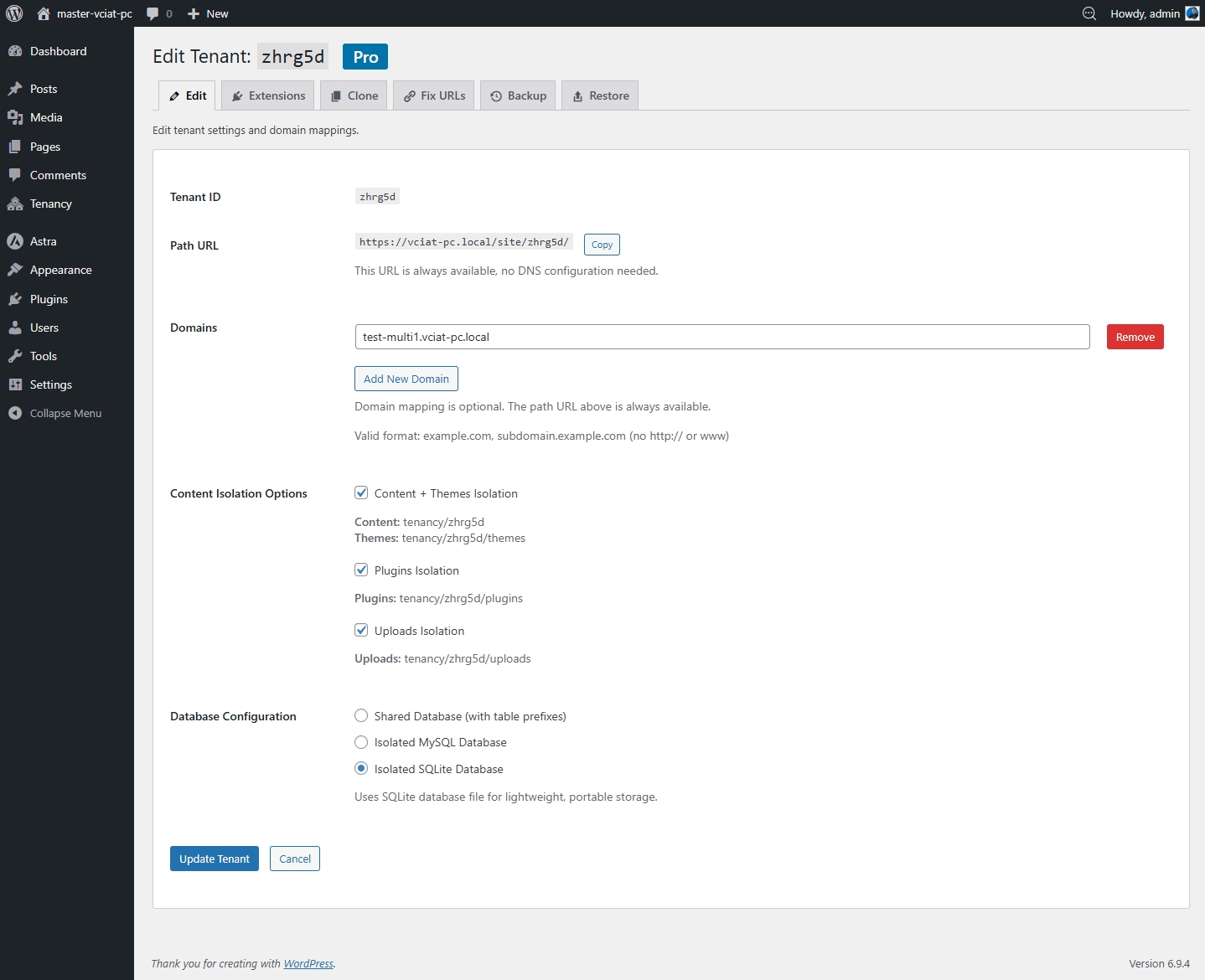 Edit tenant — database type and isolation options