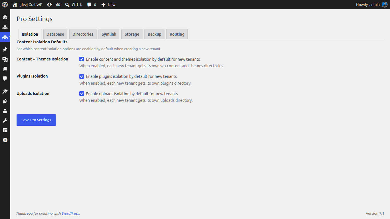 Pro Settings page