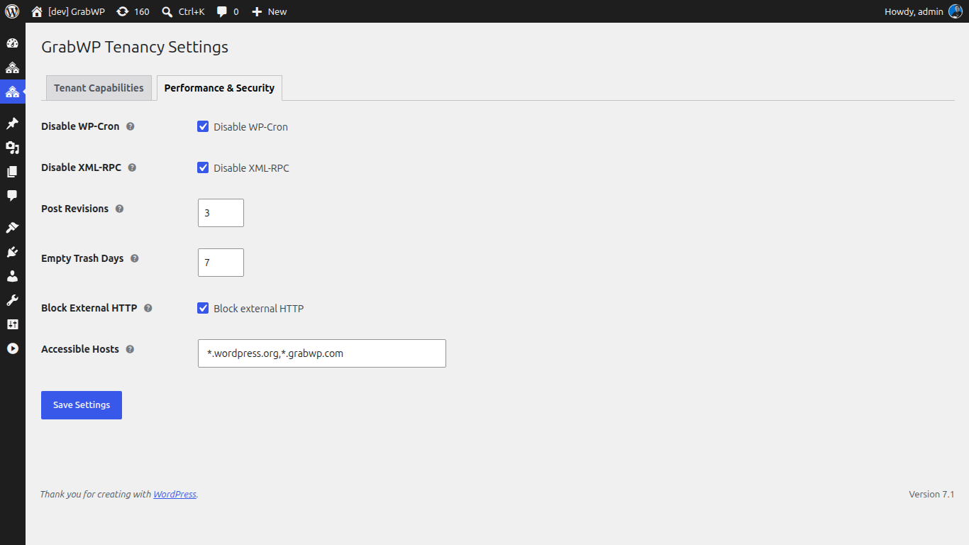 GrabWP Tenancy Settings, Performance and Security tab