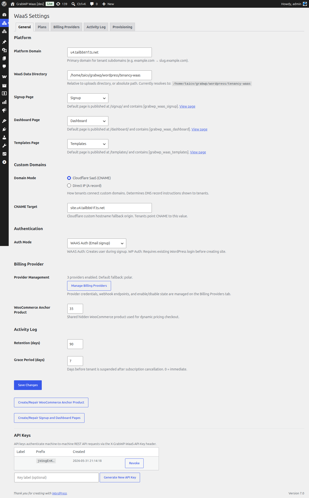 WaaS General Settings