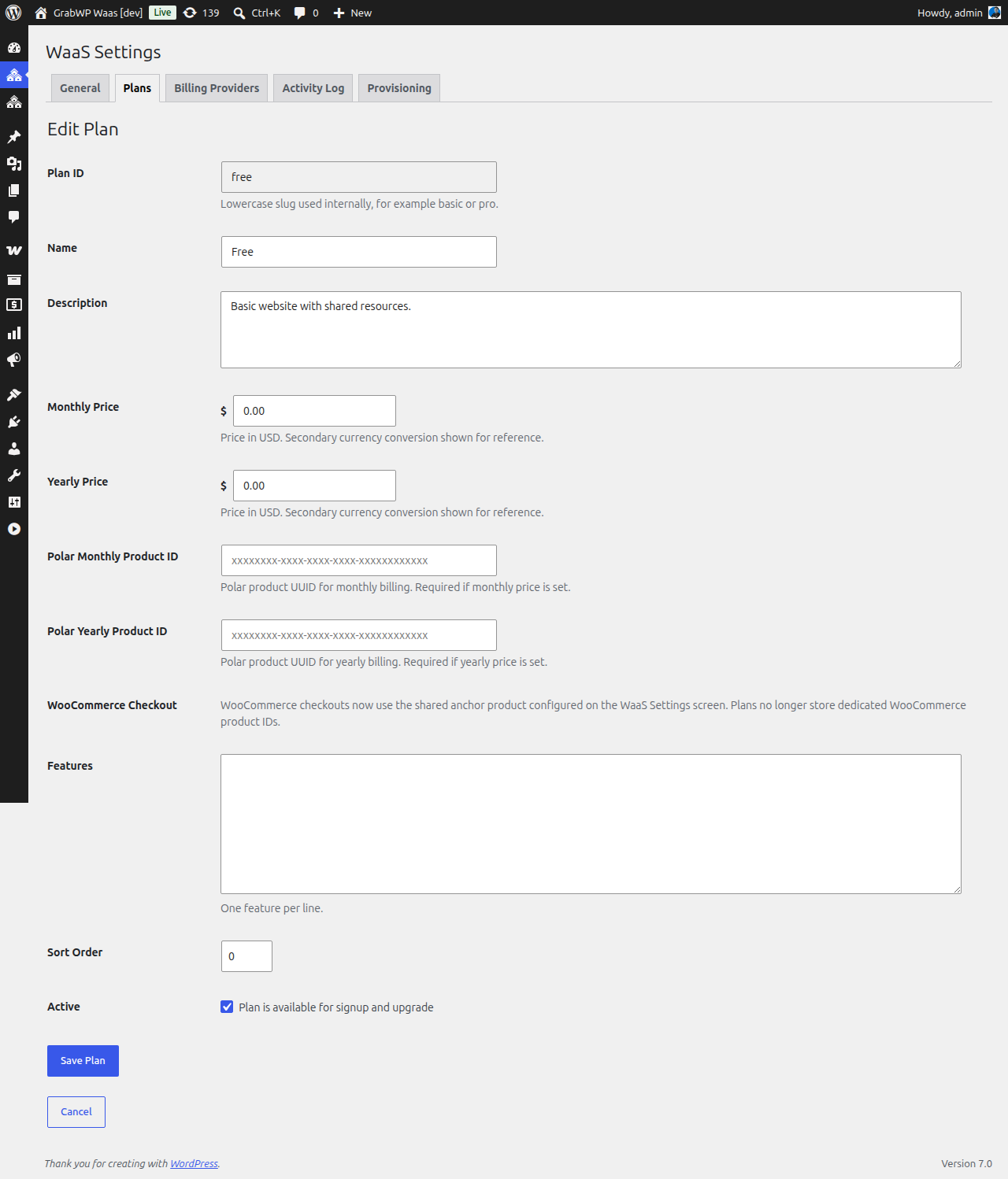 Plan edit form