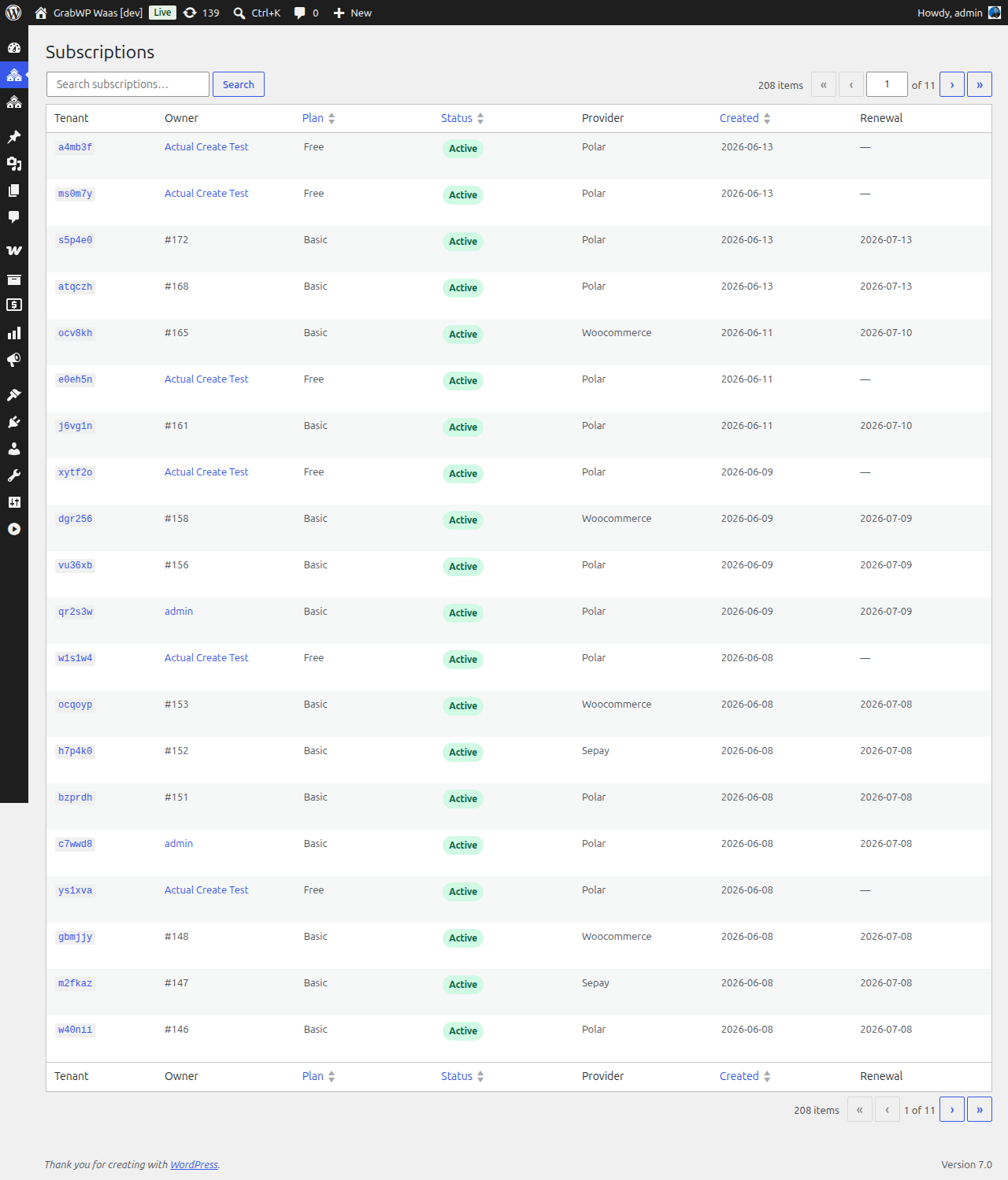 Subscriptions list
