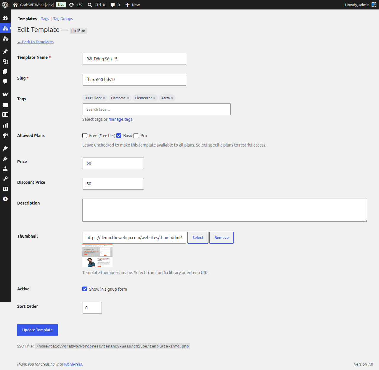 Template edit form