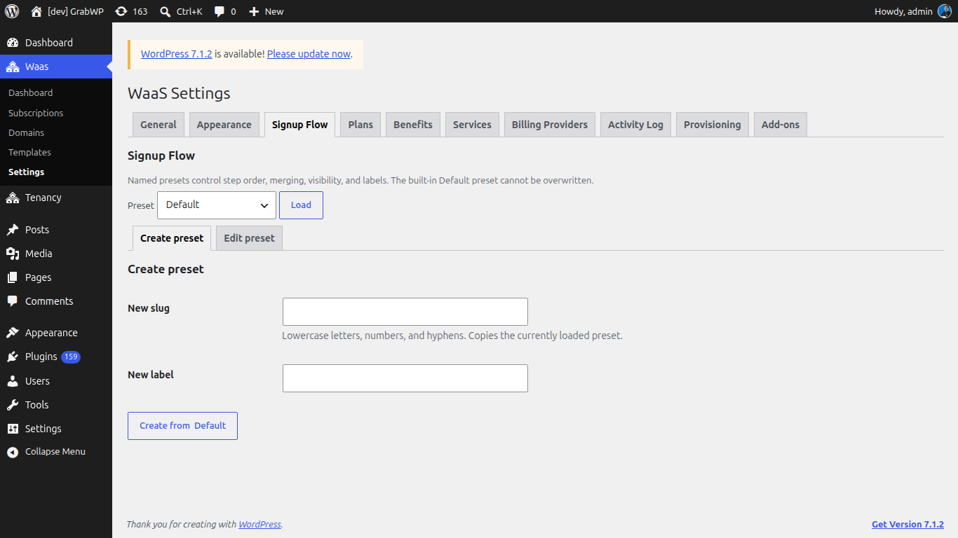 Tab Signup Flow với panel Create preset