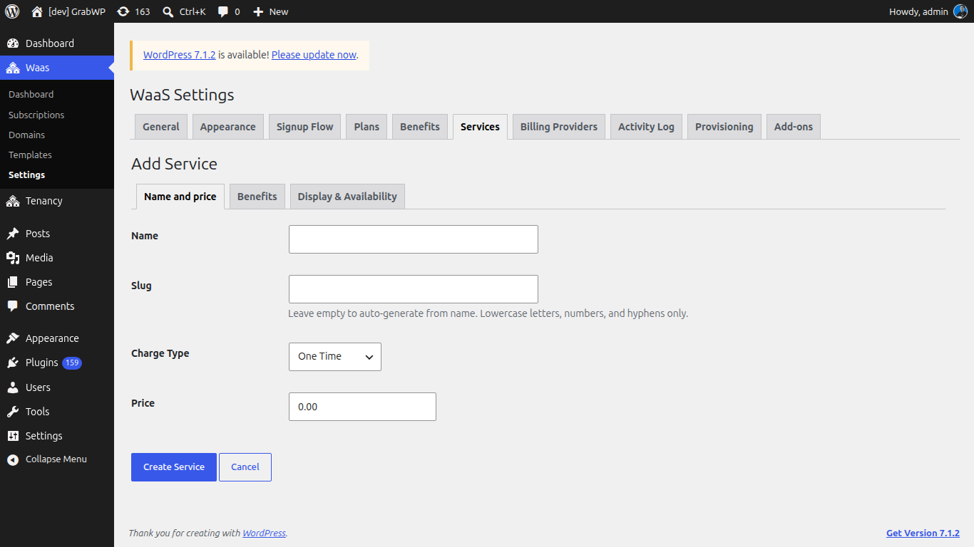 Add Service, tab Name and price