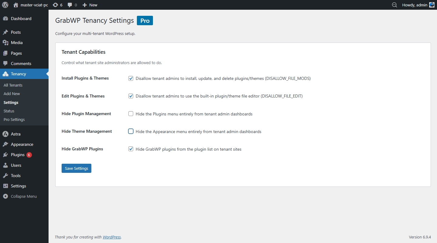 GrabWP Tenancy trong menu quản trị WordPress