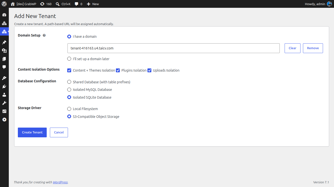Add New Tenant - thêm domain ngay hoặc sau