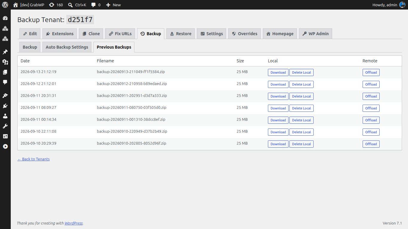 Màn hình Backup tenant với nút Start Backup