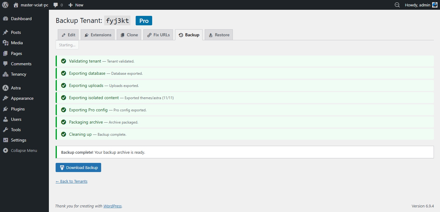 Backup — bắt đầu sao lưu cho tenant site