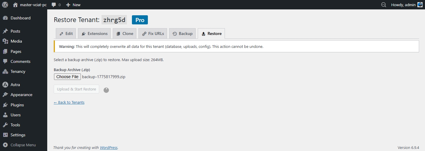 Restore — tải lên file ZIP sao lưu