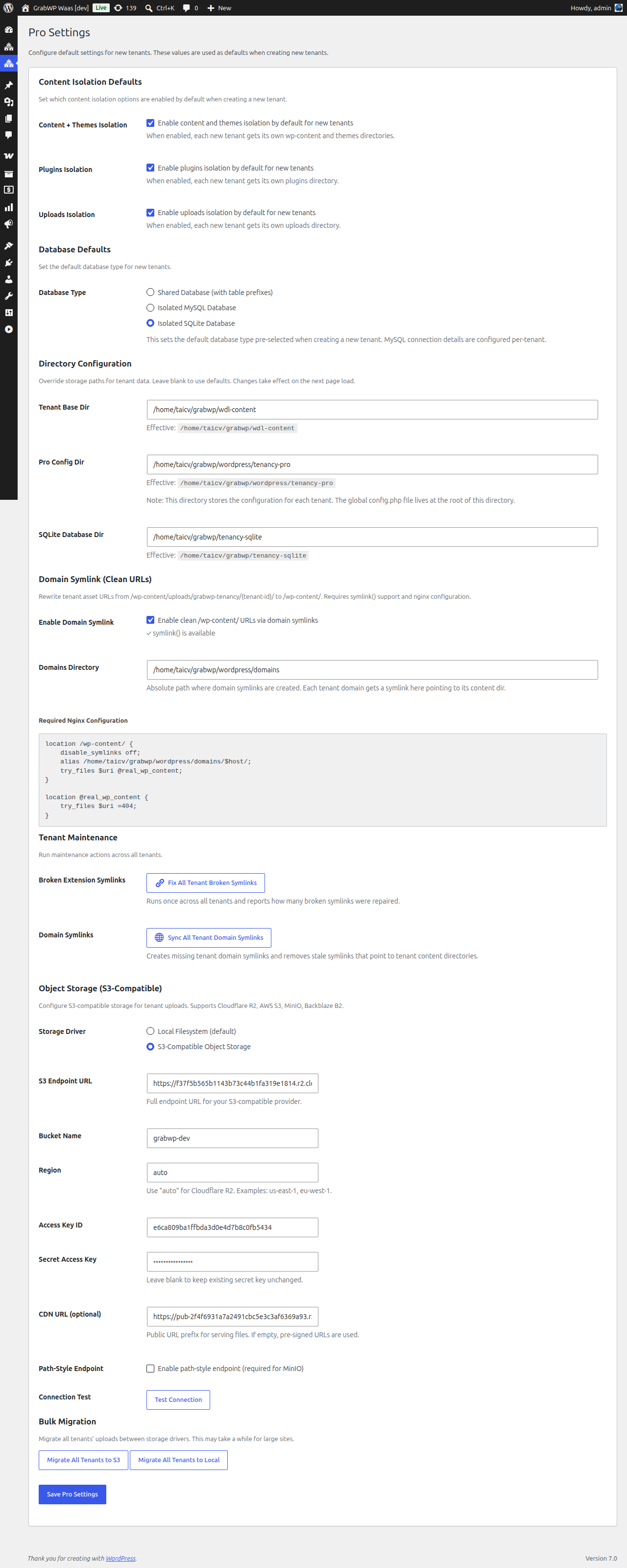 Pro Settings page