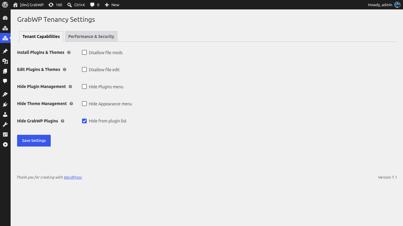 Settings của GrabWP Tenancy, tab Tenant Capabilities