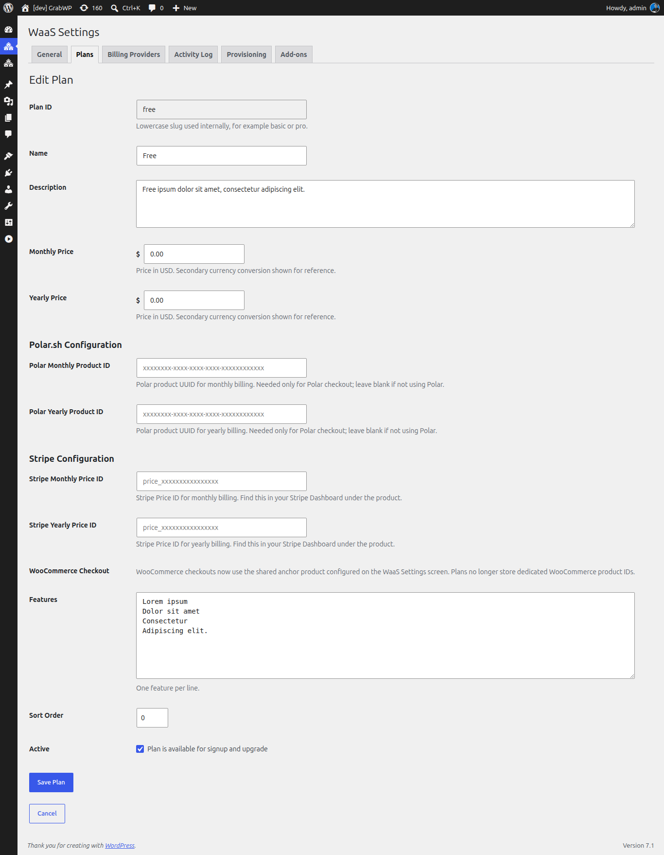 Form chỉnh sửa plan