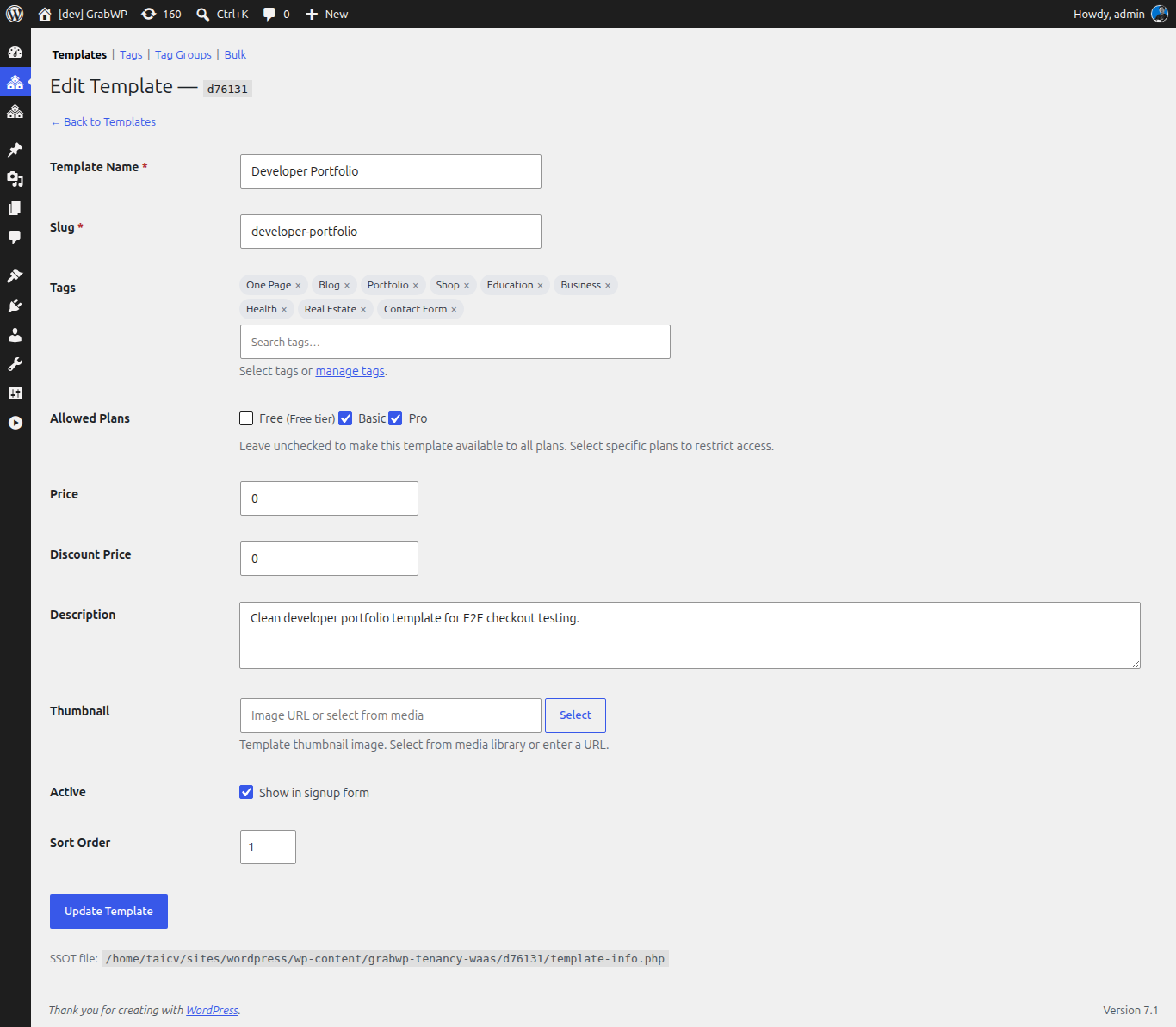 Biểu mẫu chỉnh sửa template