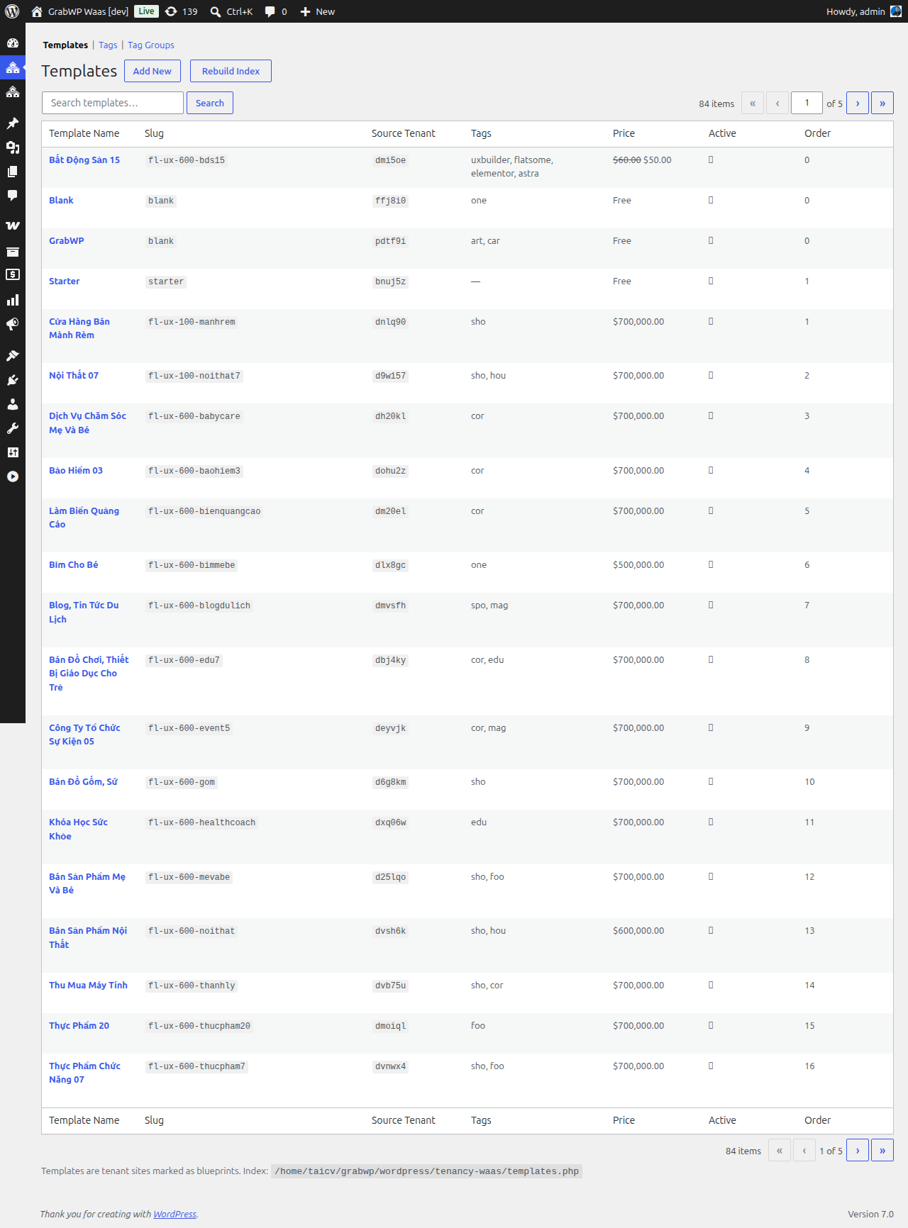 Templates list